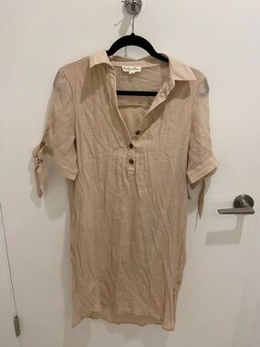 Sandwashed Beige Button-Front Tunic Dress with Tie Sleeves